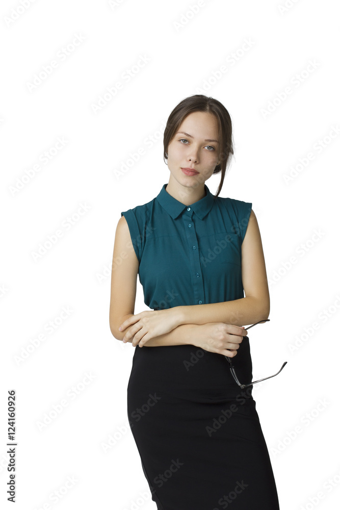 Cute young business woman with glasses in their hands, smiling Cute young business woman with glasses in their hands, smiling