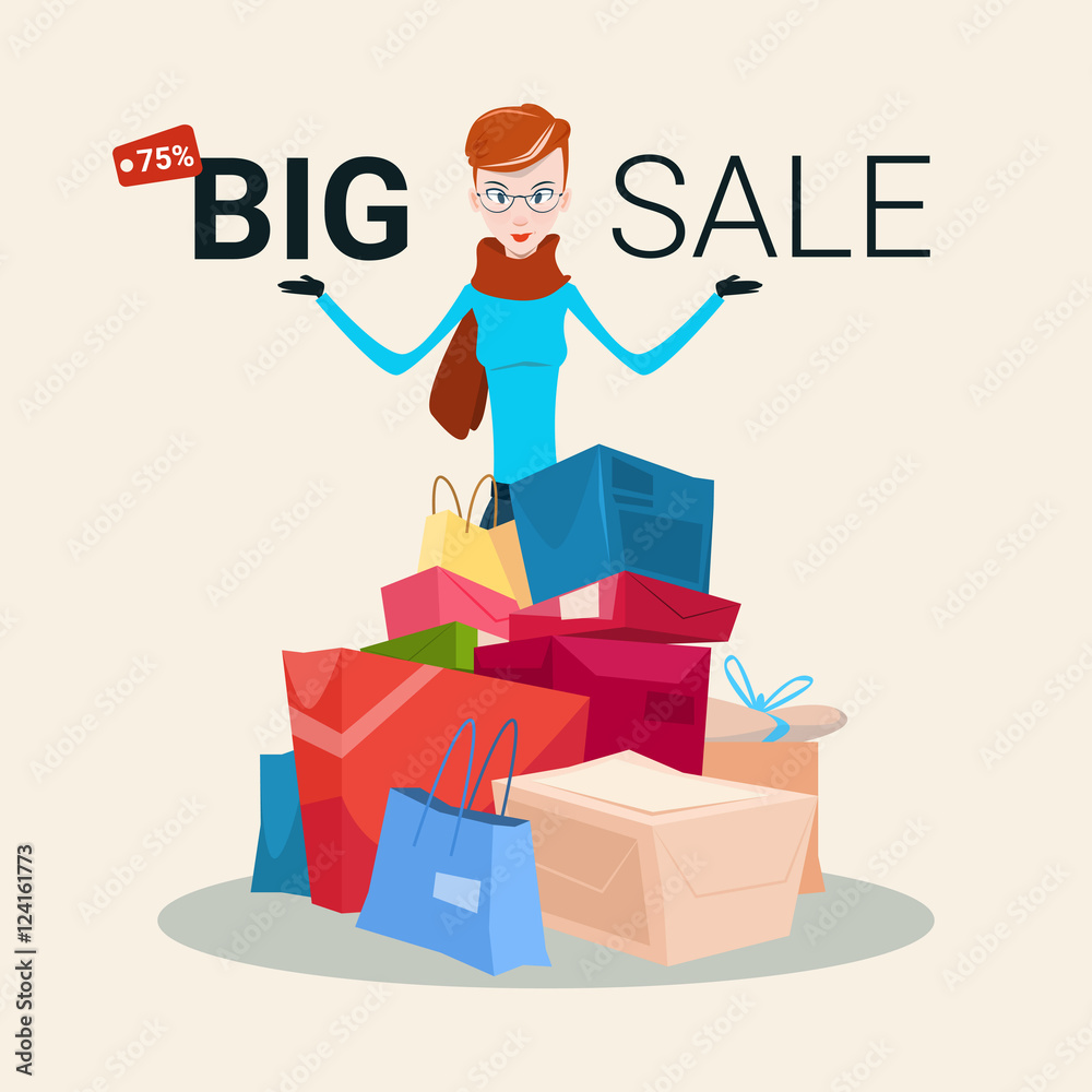 Woman With Shopping Bag Present Box Black Friday Big Sale Banner Vector Illustration Woman With Shopping Bag Present Box Black Friday Big Sale Banner Vector Illustration