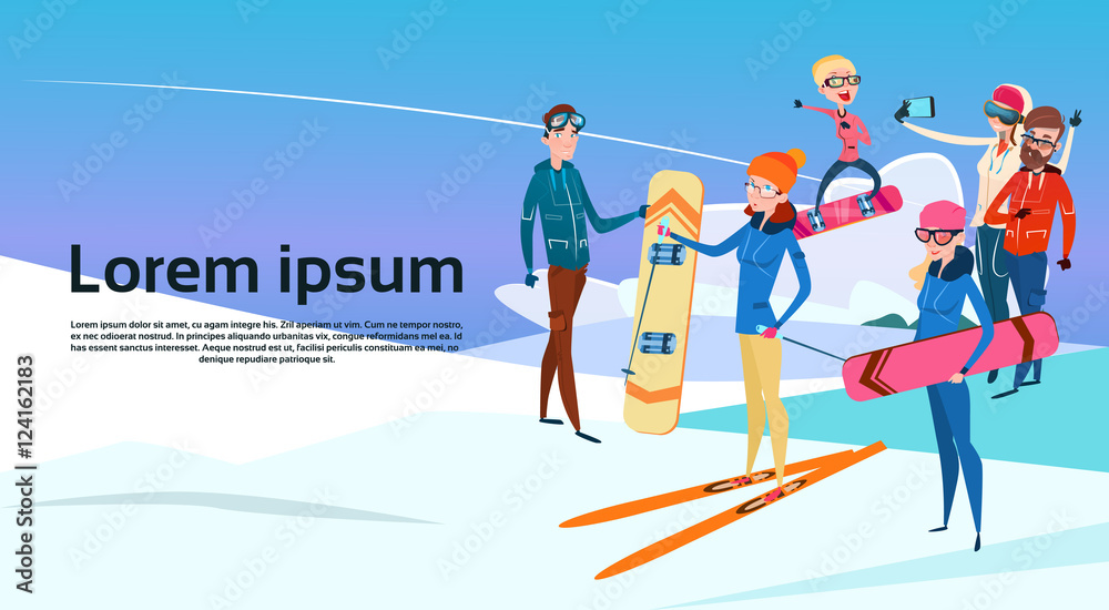 People Group With Ski Snowboard Winter Activity Sport Vacation Snow Mountain Slope Flat Vector Illustration