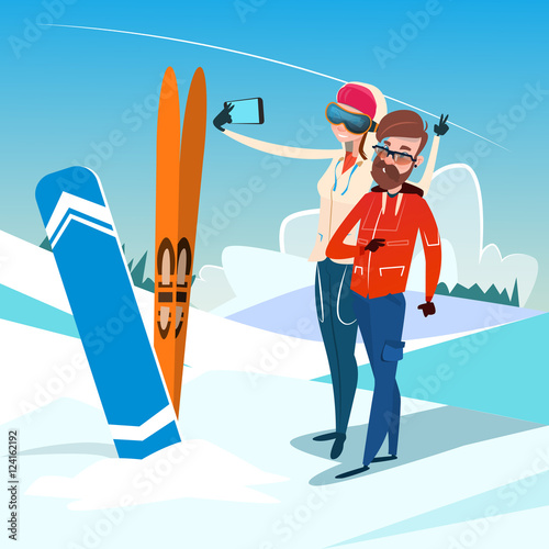 Couple Man And Woman With Ski Snowboard Take Selfie Photo Winter Activity Sport Vacation Flat Vector Illustration
