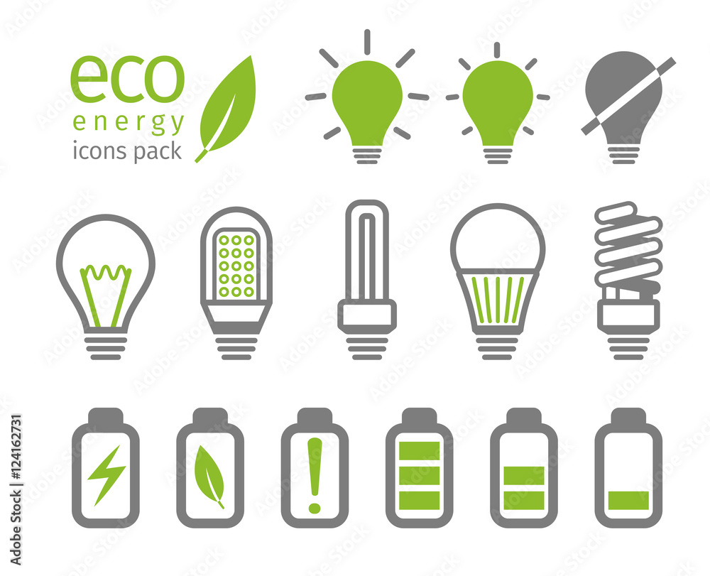 Eco light bulb and battery icon set. Vector illustration