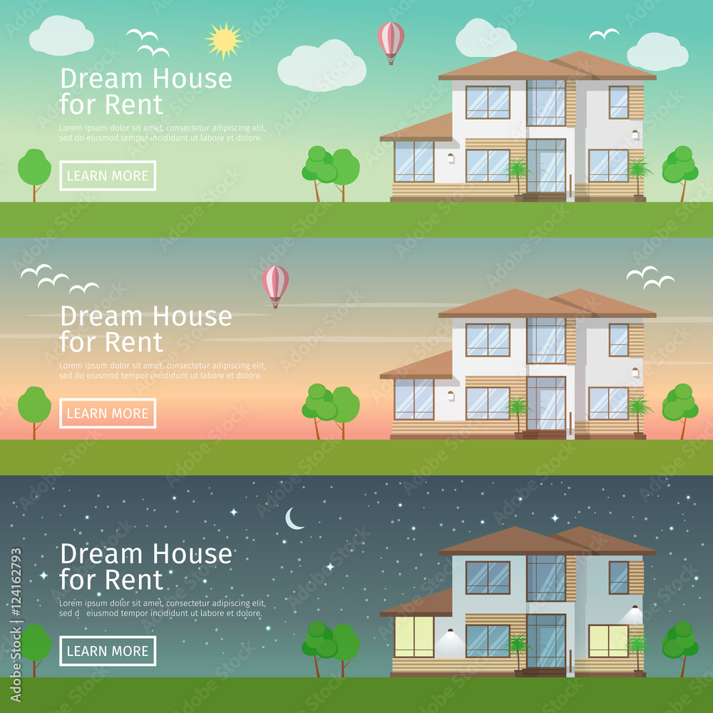 Beautiful set of flat vector web banners on the theme modern Real Estate at different times day. Beautiful set of flat vector web banners on the theme modern Real Estate at different times day.