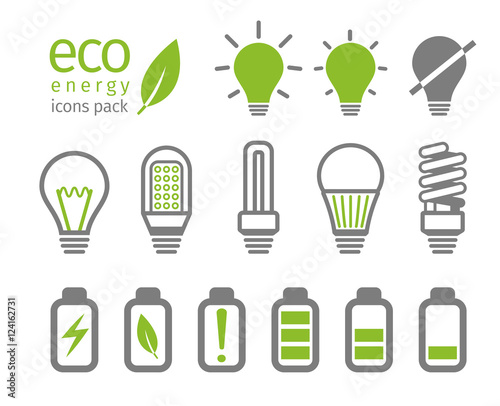 Eco light bulb and battery icon set. Vector illustration