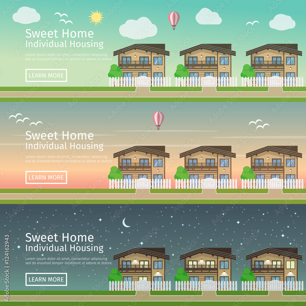 Beautiful set of flat vector web banners on the theme  country Real Estate at different times  day.