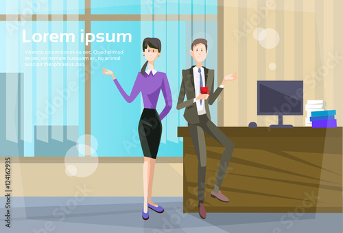 Business People Meeting Communication Office Interior Coffee Break Flat Vector Illustration photo