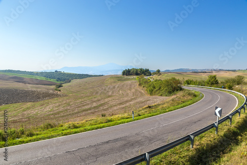 Tuscany, Italy. Fields, mountains, road