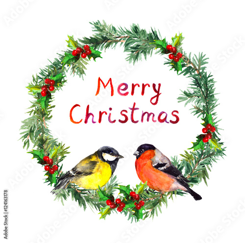 New year wreath - spruce, bullfinch and tit bird. Watercolor  © zzorik
