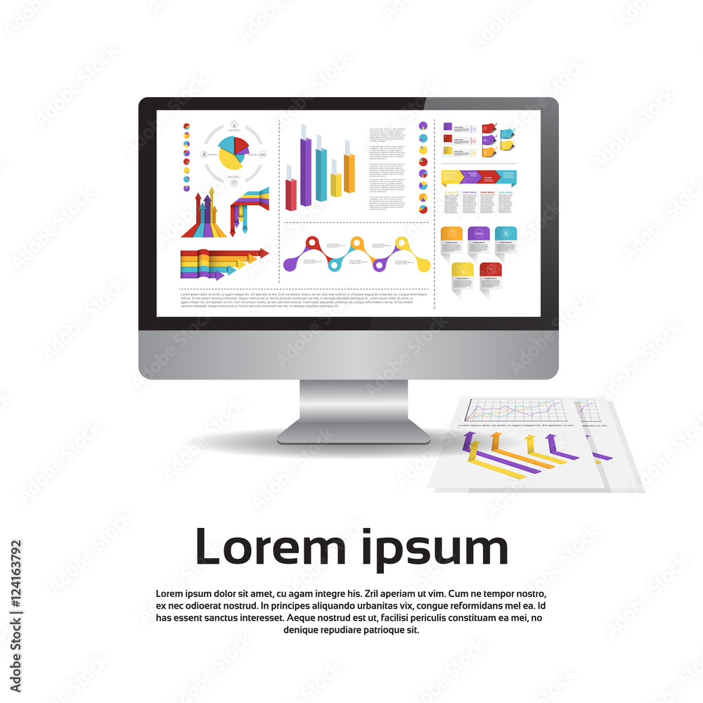 Desktop Monitor Workstation Graph Set Finance Diagram Infographic Financial Chart Vector Illustration Desktop Monitor Workstation Graph Set Finance Diagram Infographic Financial Chart Vector Illustration