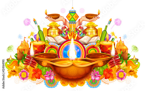 Burning diya on Happy Diwali Holiday background for light festival of India