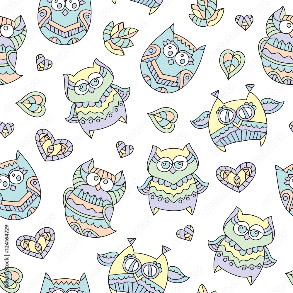 Naklejka premium vector seamless pattern of cute ornamental owls, texture for fabric or paper print, souvenirs or babys products