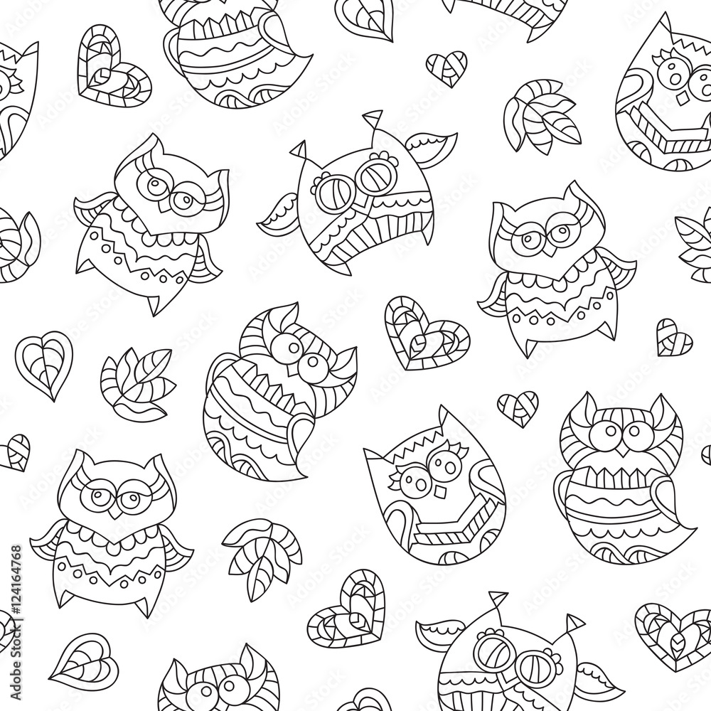 vector owls for coloring, seamless pattern of owls, leaves and hearts with ornaments