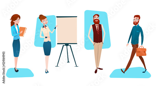 Business People Group Presentation Flip Chart, Businesspeople Team Training Conference Meeting Flat Vector Illustration