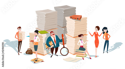 Business People Group Stacked Paper Document Paperwork Study Teamwork Flat Vector Illustration