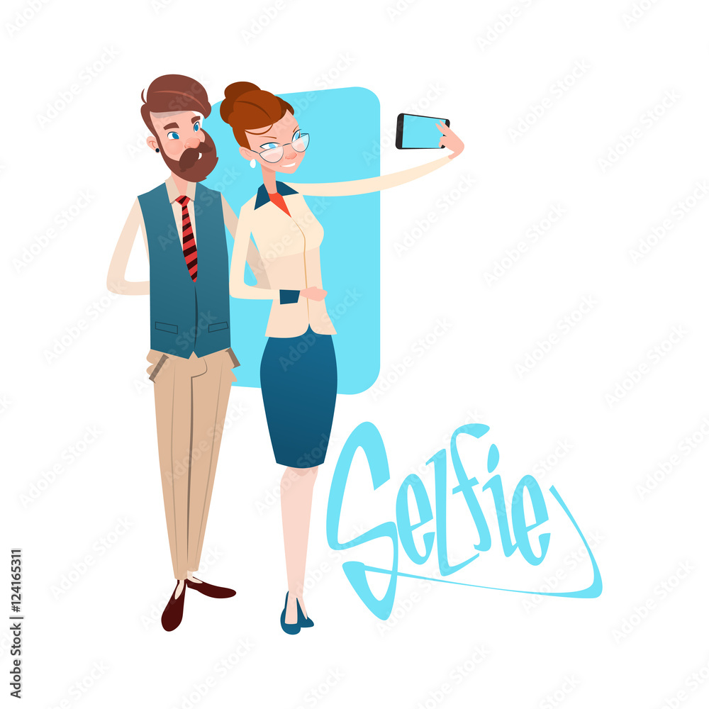 Business People Couple Man Woman Taking Selfie Photo On Smart Phone Flat Vector Illustration Business People Couple Man Woman Taking Selfie Photo On Smart Phone Flat Vector Illustration