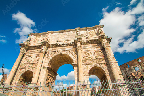 Spectacular Arch of Roman emperor Constantine, located between Colosseum and Forum Romanum, Rome, Lazio, Italy 