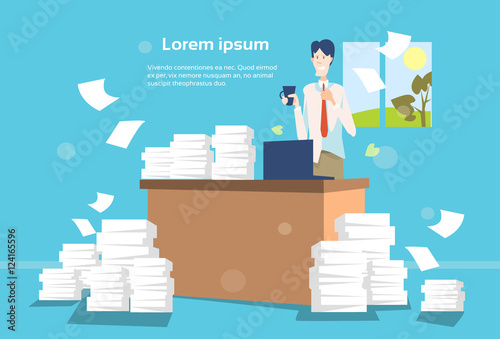 Business Man Office Interior Desk Stacked Paper Document Paperwork Flat Vector Illustration