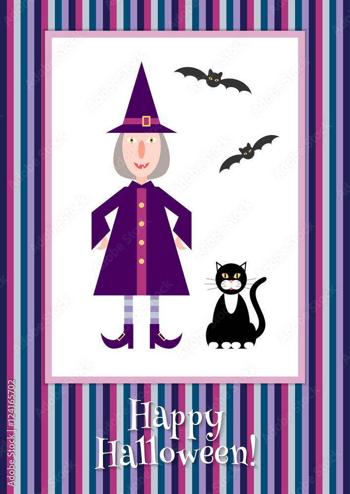 Illustration of a funny little witch over a striped background. Colorful Halloween template for a card, party invitation or flyer, eps10. Illustration of a funny little witch over a striped background. Colorful Halloween template for a card, party invitation or flyer, eps10.