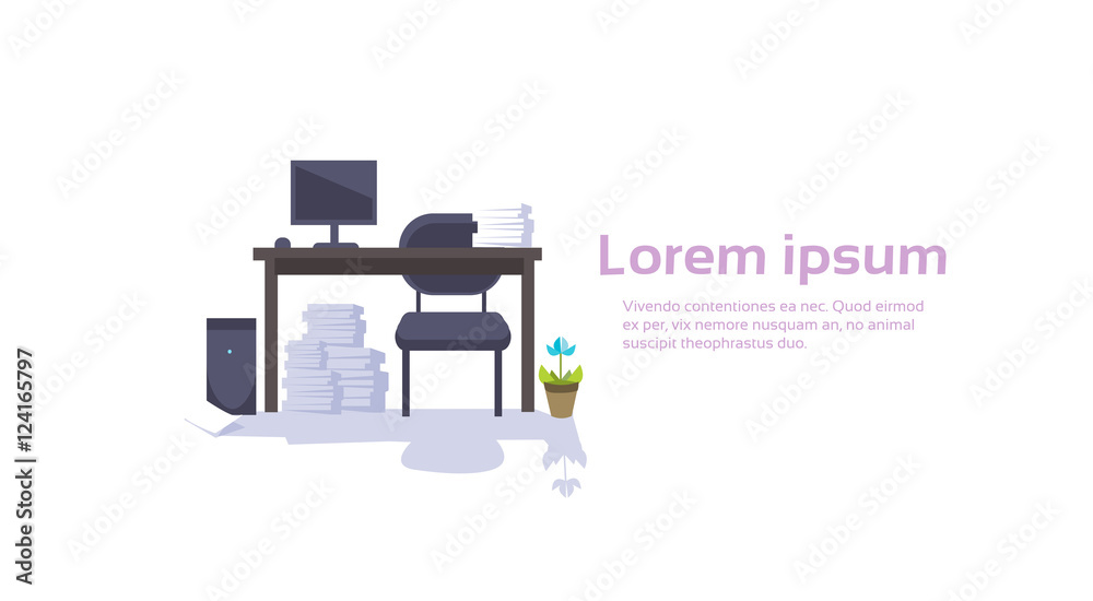 Modern Office Interior Workplace Empty Chair Desk Stacked Paper Document Lot Paperwork Flat Vector Illustration