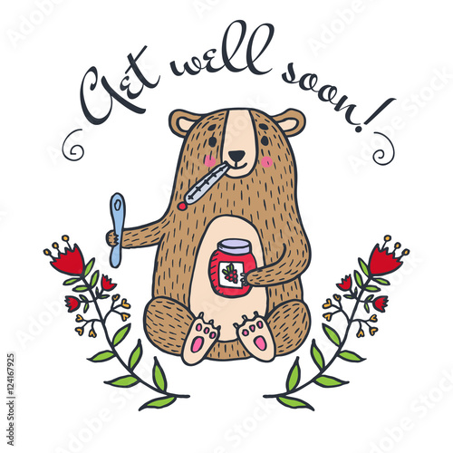 Get well soon card with teddy bear and jam