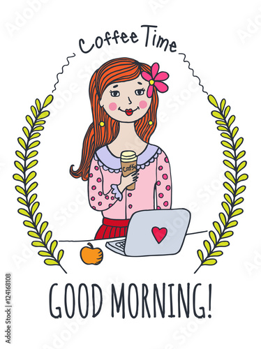 Good Morning card with girl and coffee