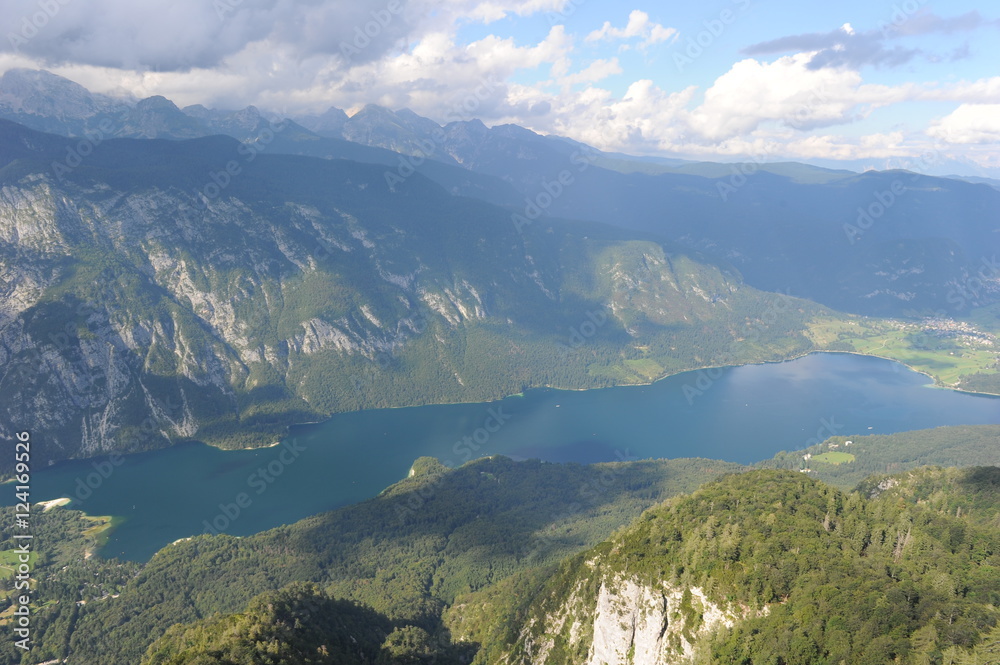 Aerial view of Lake Bohinj from Vogel mountain in Slovenian national park Triglav