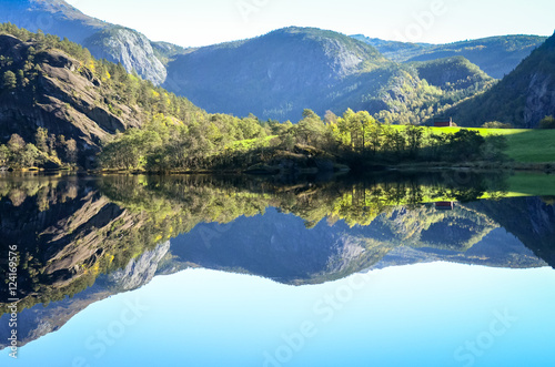 perfect reflection of mountains in fjord water