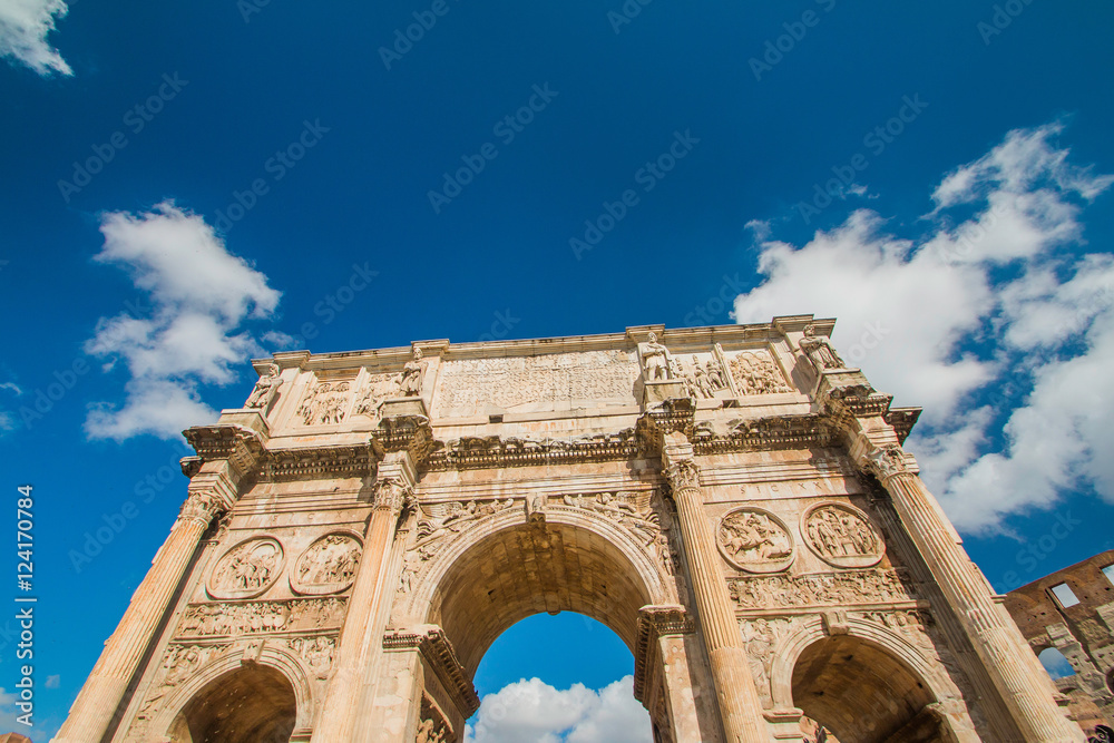     Spectacular Arch of Roman emperor Constantine, located between Colosseum and Forum Romanum, Rome, Lazio, Italy 