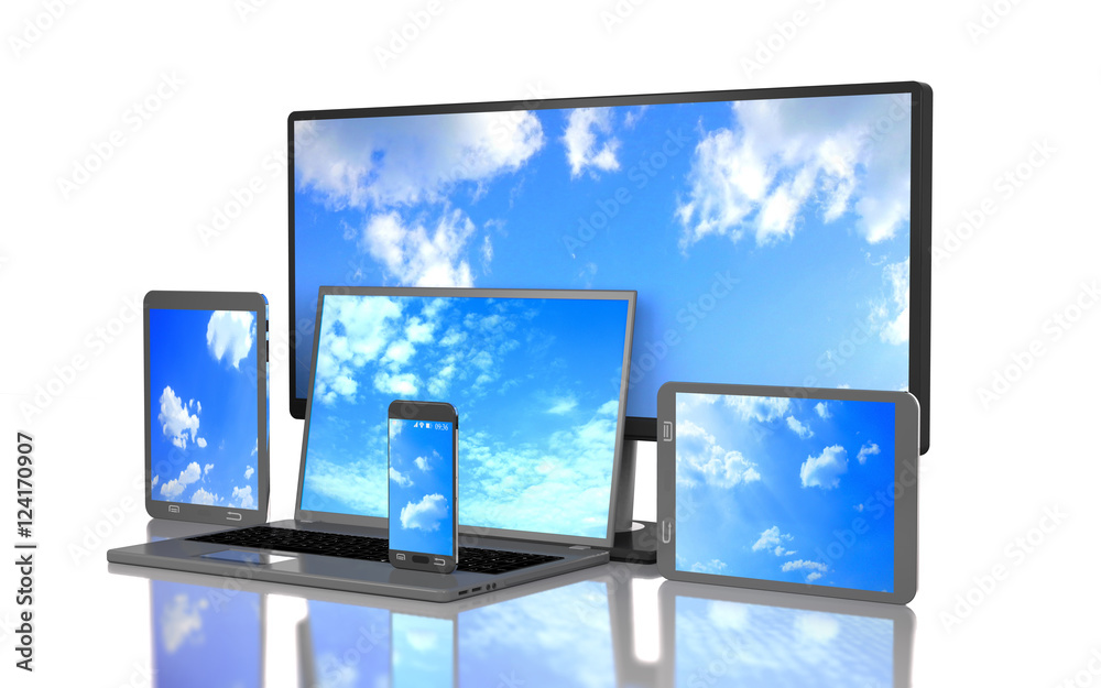 Set of clouds on the screen of computer gadgets (3d illustration Set of clouds on the screen of computer gadgets (3d illustration