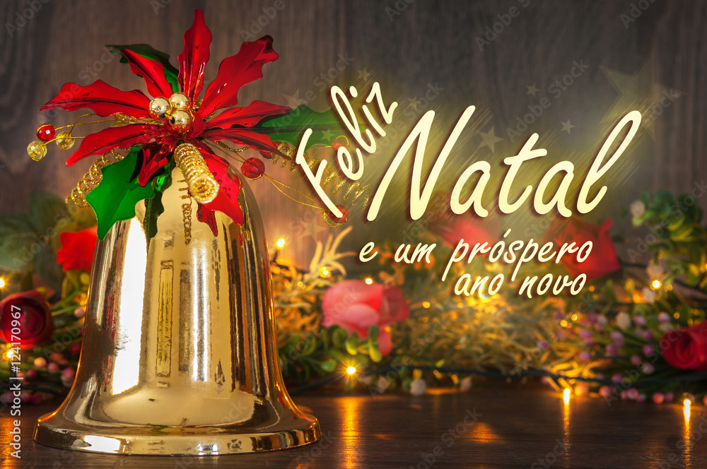Merry Christmas message in Portuguese. Feliz Natal e um prospero ano novo  message with christmas lights and golden bell background. Stock Photo |  Adobe Stock