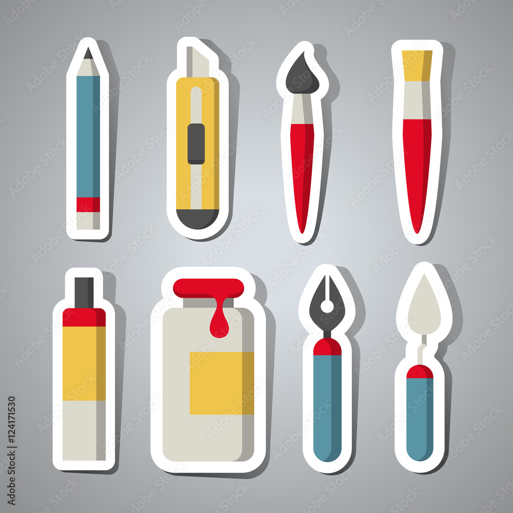 Set of cute colorful stickers with painting tools Set of cute colorful stickers with painting tools