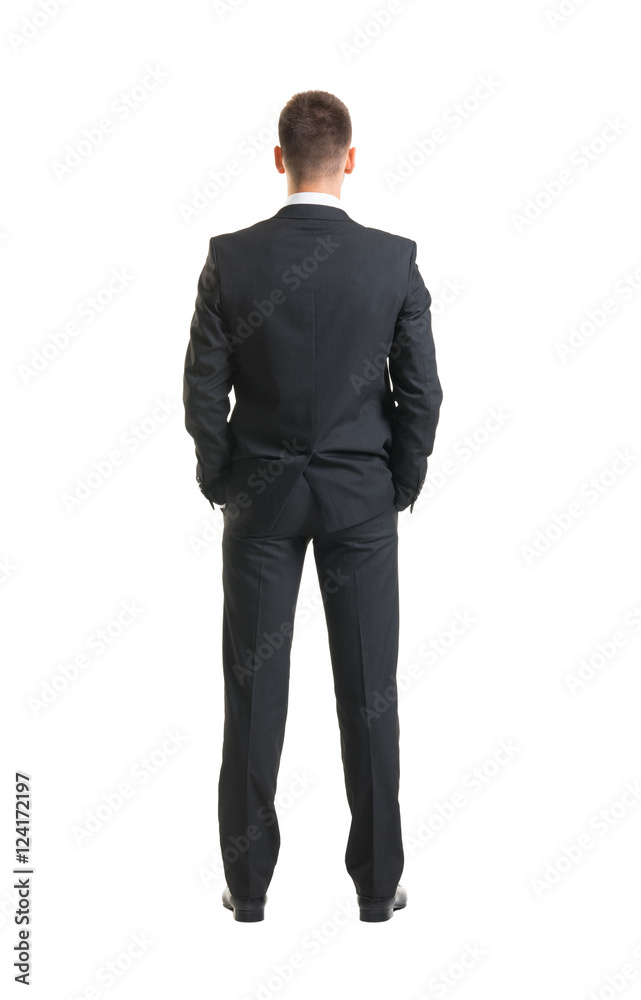 Back of a young businessman in formal clothes on white Back of a young businessman in formal clothes on white
