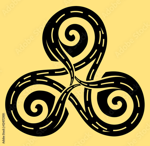 Three roads leading in Celtic disk ornament with triple spiral symbol, black and white vector image.