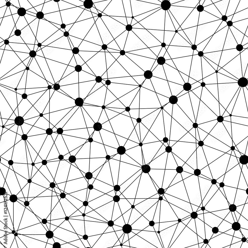 Vector monochrome seamless pattern, abstract geometric background with linear triangles & circles. Illustration of atomic structure, net. Design for tileable print, wallpaper, fabric, textile, web