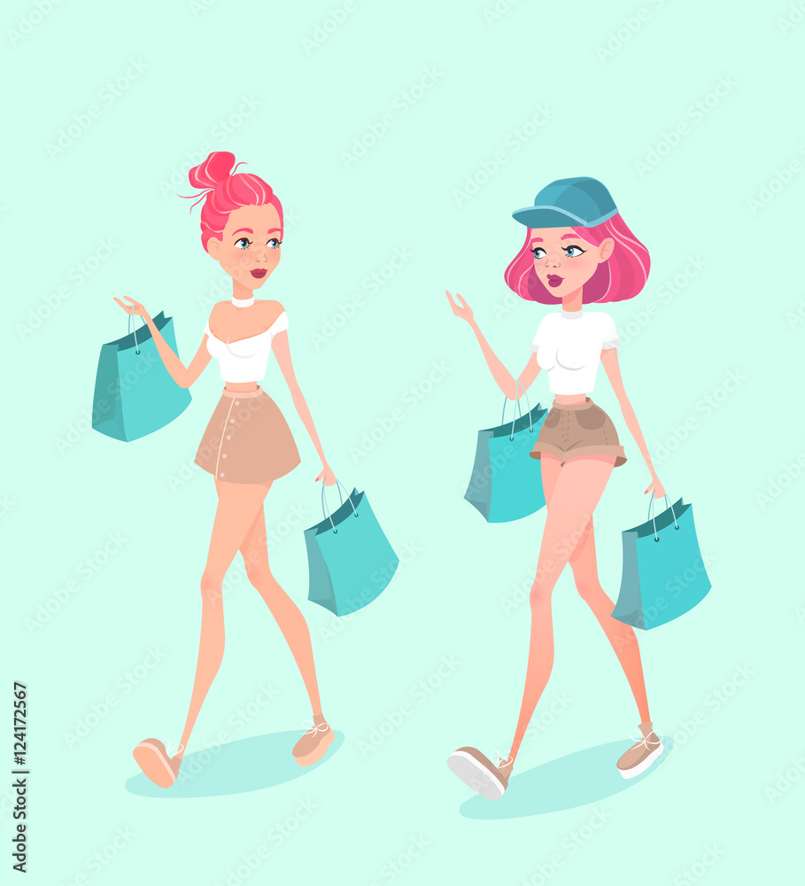 Two young hipster girls going down the street, with shopping bags and talking with each other. Vector illustration.