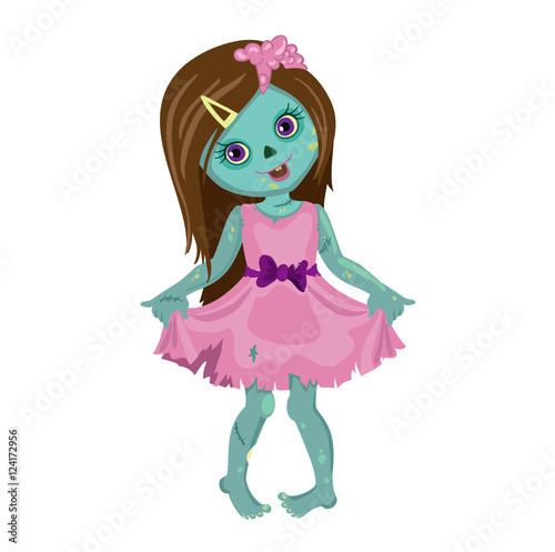 Zombie girl in a beautiful dress. Cartoon Vector illustration in a single layer without gradients.