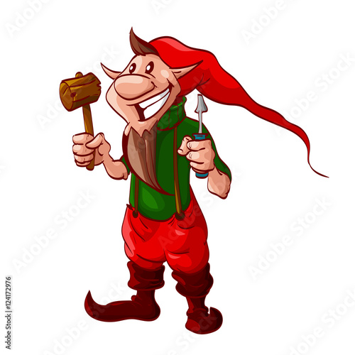 Colorful vector illustration of a Smiling cartoon christmas elf or a dwarf worker, holding screwdriver and a wooden hammer.