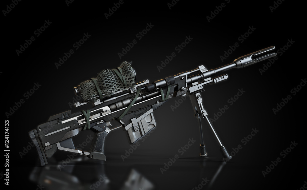 Sniper rifle with bi-pod and camouflaged scope on a black background and reflective floor . 3d rendering