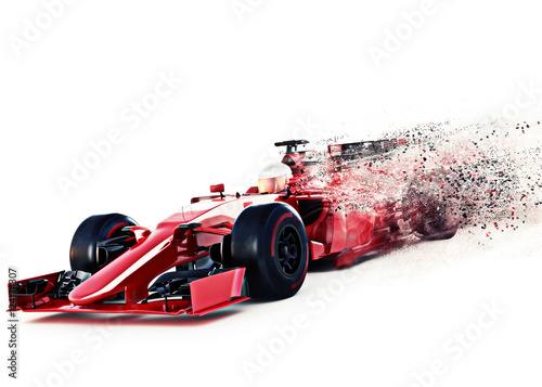 Red motor sports race car front angled view speeding on a white background with speed dispersion effect. 3d rendering