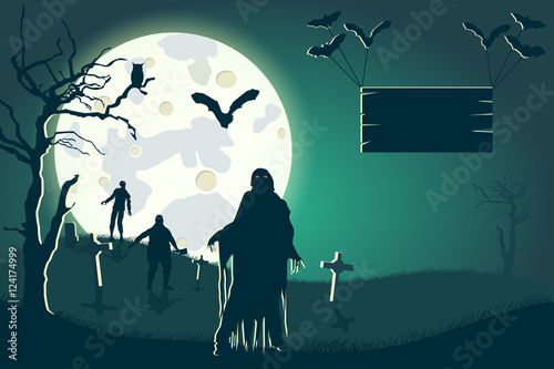 Halloween background with zombie on the full moon
