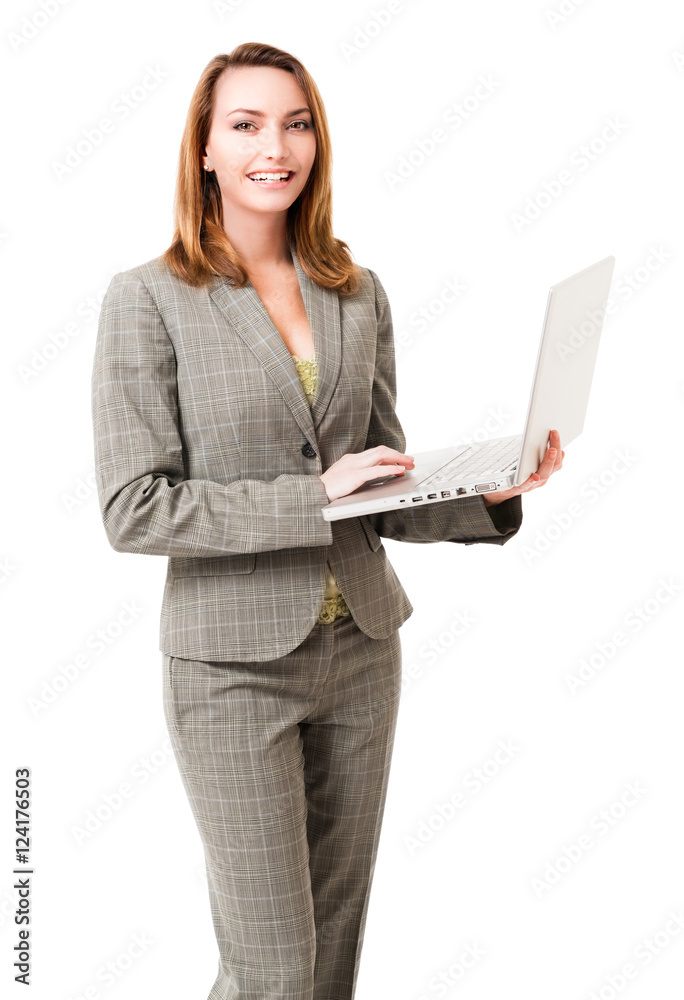 Young Businesswoman in Pantsuit with Laptop Computer isolated on white background