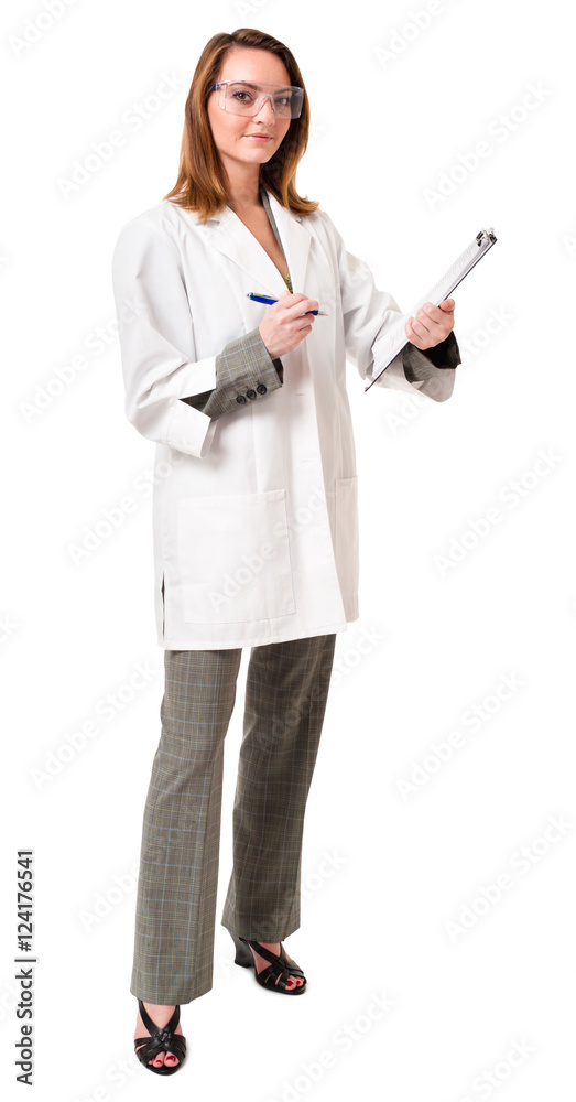Full-length female woman doctor scientist laboratory worker researcher engineer with clipboard isolated on white background Full-length female woman doctor scientist laboratory worker researcher engineer with clipboard isolated on white background