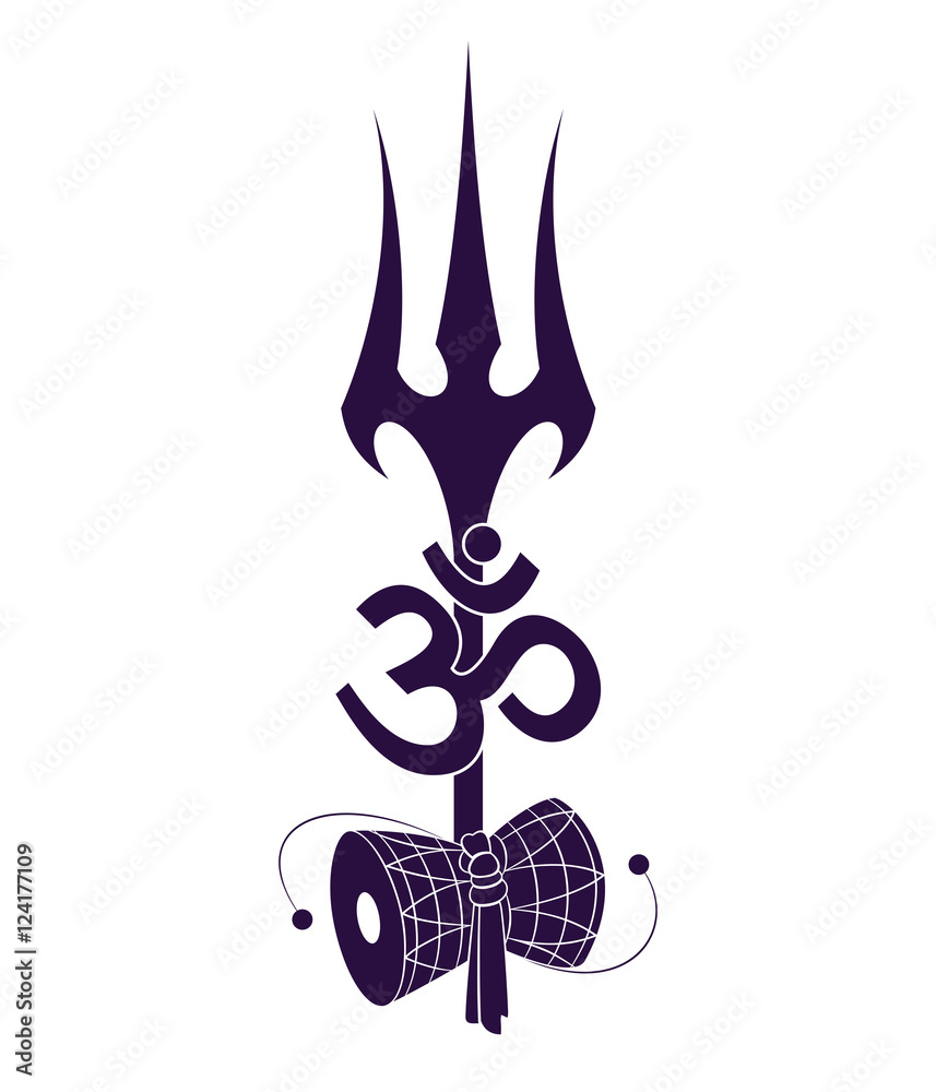 sacred symbols of traditional yoga and lord shiva, trishul, sound om and  drum damaru, stencill, vector Stock Vector | Adobe Stock