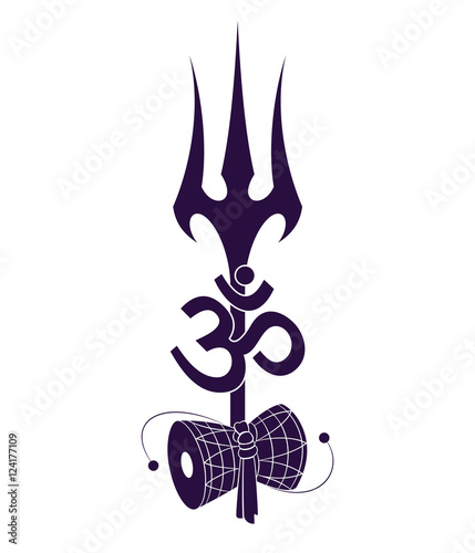 sacred symbols of traditional yoga and lord shiva, trishul, sound om and drum damaru, stencill, vector