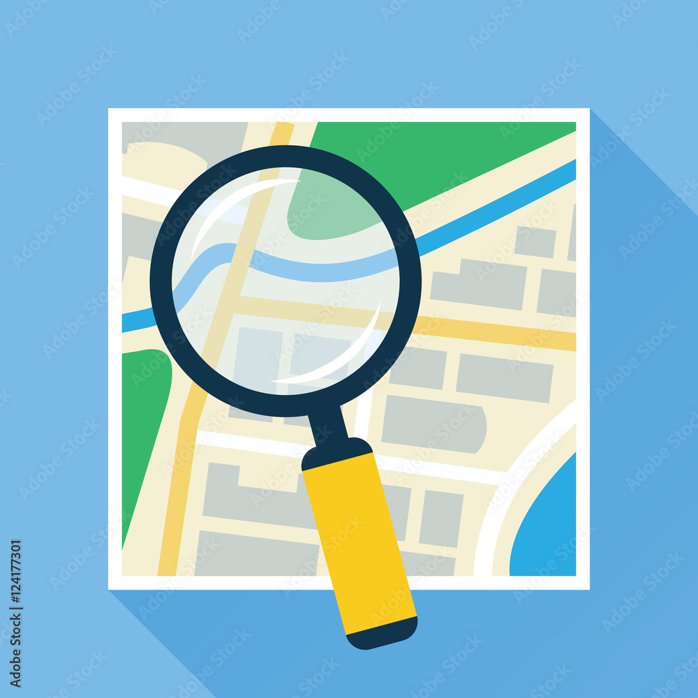 Magnifying glass over navigational map flat icon. Magnifier with handle