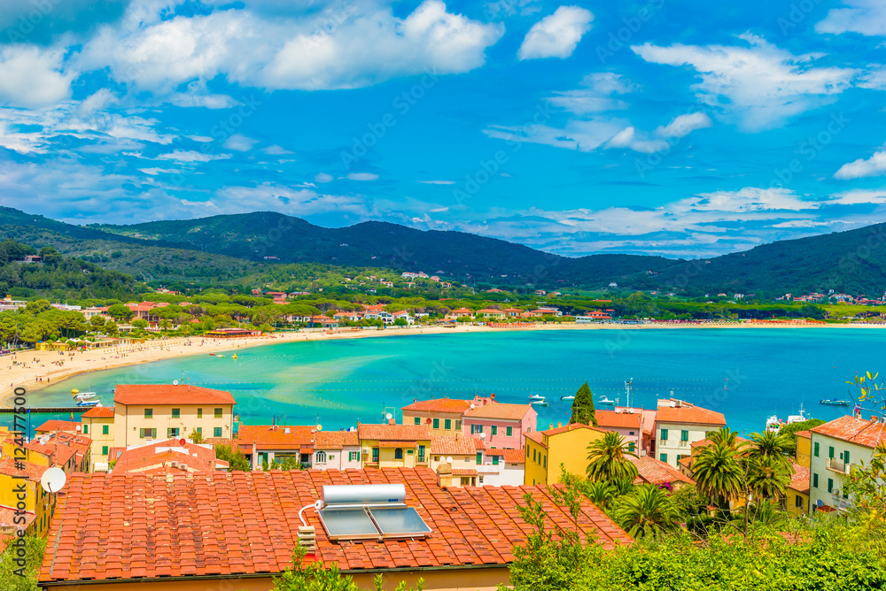 Panoramic view over marina di campo town in Elba Island, Tuscany, Italy.