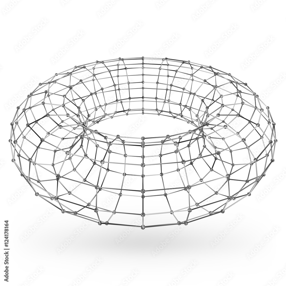 Wireframe polygonal geometric element. Torus with connected lines and dots. Vector Illustration on white background with shade