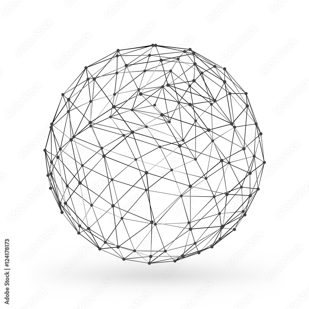 Wireframe polygonal geometric element. Sphere with connected lines and dots. Vector Illustration on white background with shade Wireframe polygonal geometric element. Sphere with connected lines and dots. Vector Illustration on white background with shade