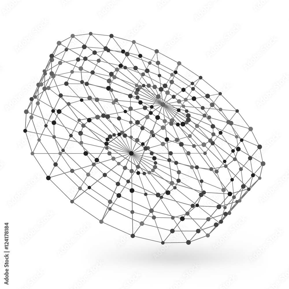 Wireframe polygonal geometric element. Cylinder with connected lines and dots. Vector Illustration on white background with shade