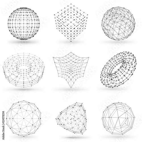 Set of wireframe polygonal elements. Abstract geometric 3D objects with connected lines and dots. Set of vector illustrations on white background with shades