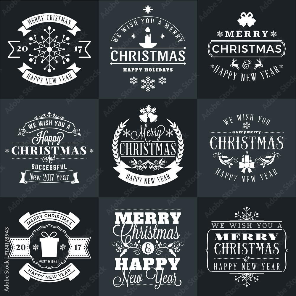 Fototapeta premium Set of Merry Christmas and Happy New Year Decorative Badges for Greetings Cards or Invitations. Vector Illustration in White and Black Colors
